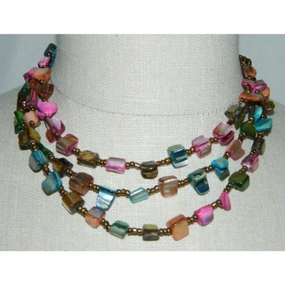 VTG Silver Tone Multi Color Abalone Mother of Pearl Shell Bead Choker Necklace - Picture 1 of 3